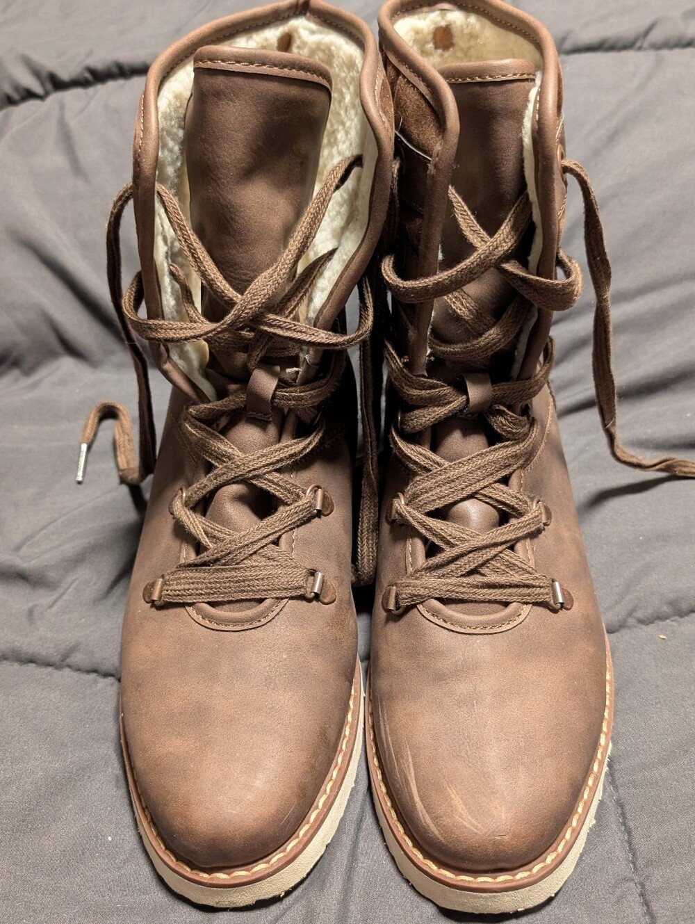 Roxy Brown and Cream Faux-Shearling Lace Tie Up Winter Boots